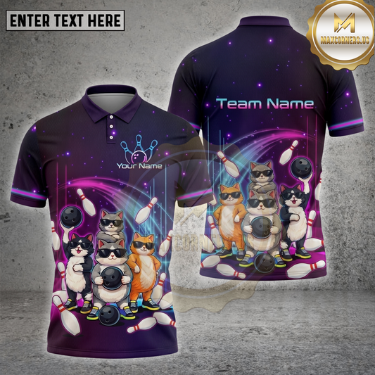 Maxcorners Cat Bowling Shirt Funny Bowling Cats Multiple Options Personalized Name, Team Name 3D Shirt