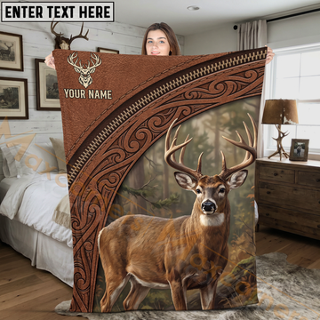 Maxcorners Rustic Leather Whitetail Deer Woodland Portrait Personalized 3D Blanket