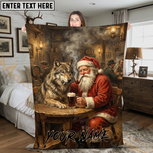 Maxcorners Humorous Santa Claus and Grey Wolf Drinking Beer Tavern Personalized 3D Blanket