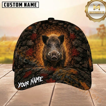 Maxcorners Hunting Black Brown Gray Boar Autumn Leaves Rocky Cave Customized Name 3D Cap