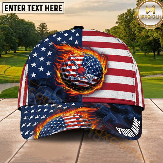 Maxcorners Golf Flaming American Flag Golf Ball Personalized Name 3D Classic Cap
