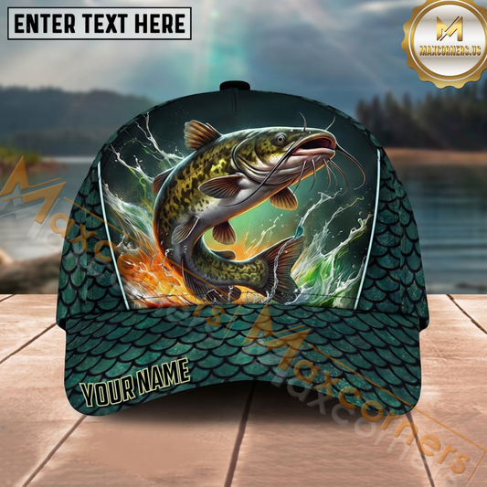 Maxcorners Fishing Green Scale Water Splash Personalized Name 3D Cap (12 Fish Species)