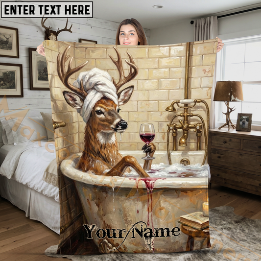 Maxcorners Funny Deer Spa Bathtub Drinking Red Wine Personalized 3D Blanket