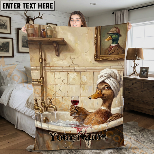 Maxcorners Humorous Duck in Bathtub Drinking Wine Personalized 3D Blanket