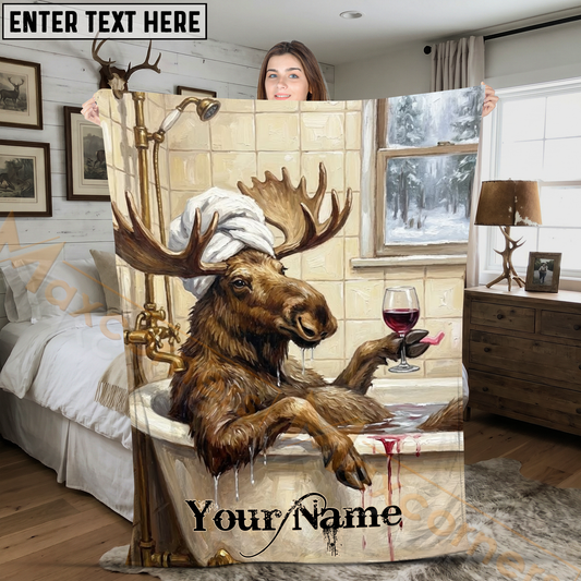 Maxcorners Winter Moose Relaxing in Bathtub with Wine Personalized 3D Blanket