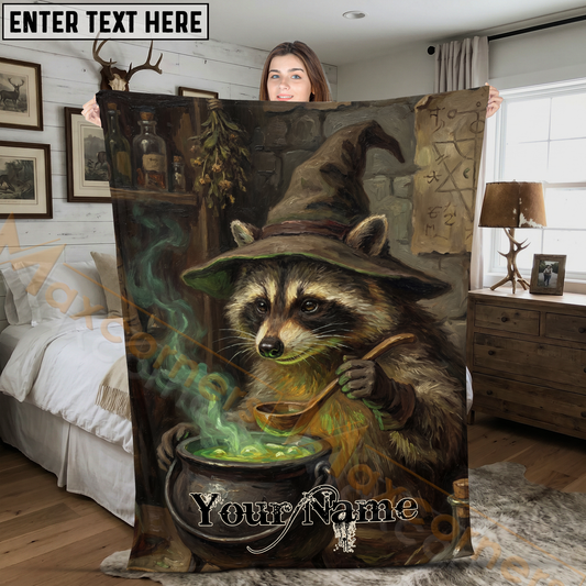 Maxcorners Mystical Raccoon Witch Brewing Green Potion Cauldron Personalized 3D Blanket