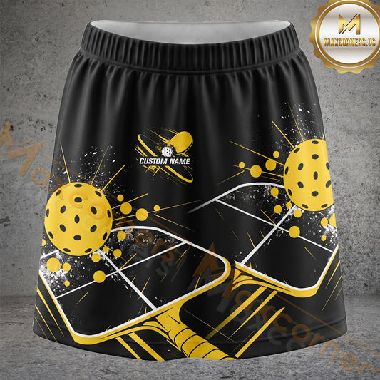 Maxcorners Pickleball Black Gold Paddle Line Art Personalized 3D Skort, Skirts With Shorts