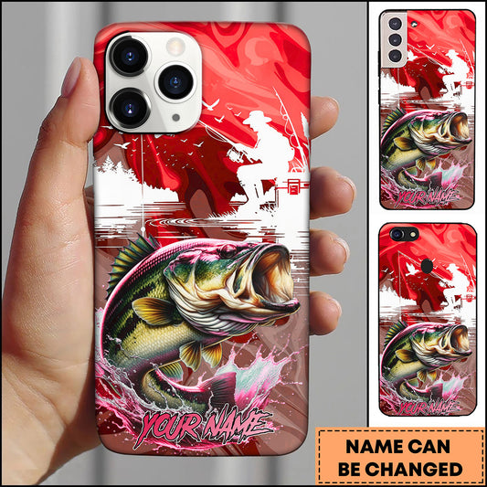 Maxcorners Fishing Vintage Red Fishing Scene with Silhouette Angler and Dynamic Water Splash Personalized Name Phone Case (13 Fish Species)