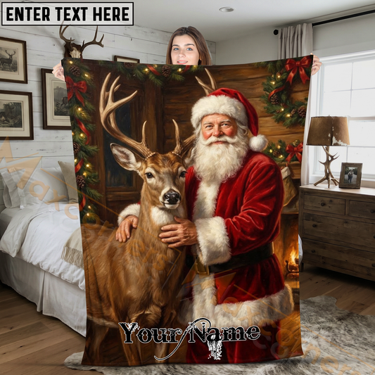 Maxcorners Festive Santa Claus and Whitetail Deer Portrait Fireplace Personalized 3D Blanket