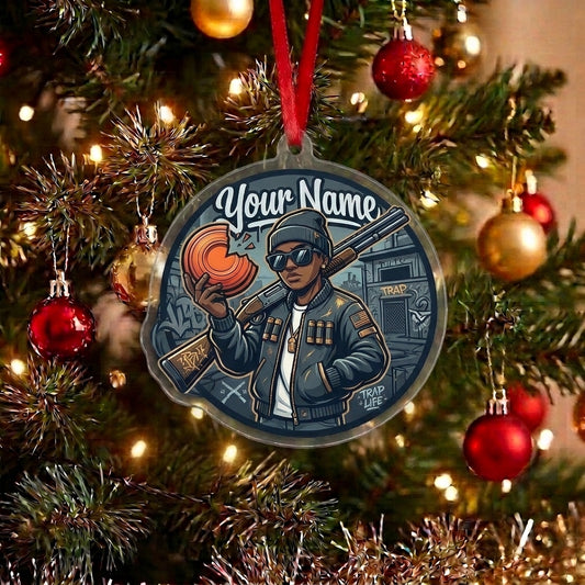 Maxcorners Personalized Trap Life Hip Hop Shooter Holding Cracked Clay Target Sunglasses Acrylic Christmas Ornament And Keychain Custom Gift For Hunters 2D Flat