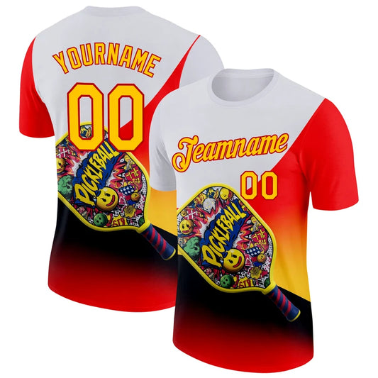 Maxcorners Comic Doodle Pickleball Paddle Smiley Pop Art Red Yellow Split Personalized Name 3D Unisex Shirt