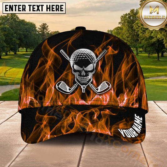 Maxcorners Golf Skull and Crossed Clubs Flame Pattern Personalized Name 3D Classic Cap