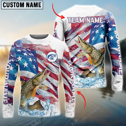 Maxcorners Pike Fishing Watercolor Usa Flag Personalized Name, Team Name 3D Long Sleeve Shirt