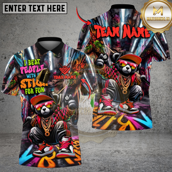 Maxcorners Billiards 8 Ball Bear Graffiti I Beat People With Stick Personalized Name, Team Name Unisex Shirt (4 Colors)