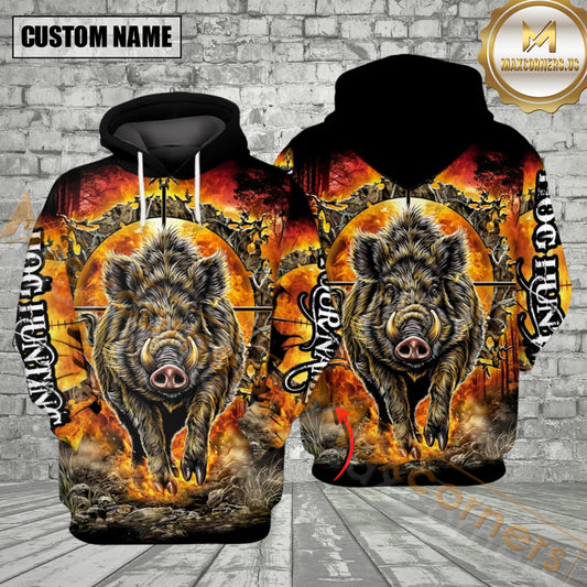 Maxcorners Fiery Hog Hunting Custom Name All Over Print Shirt Best Gift For Hunter