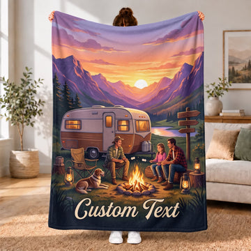 Maxcorners RVs Travel Trailer Purple Mountain Sunset Family Camping Custom Name 3D Blanket