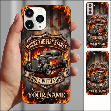 Maxcorners Hot Rod Black Classic Car with Flaming Skull and Orange Fire Badge Personalized Name 3D Phone Case