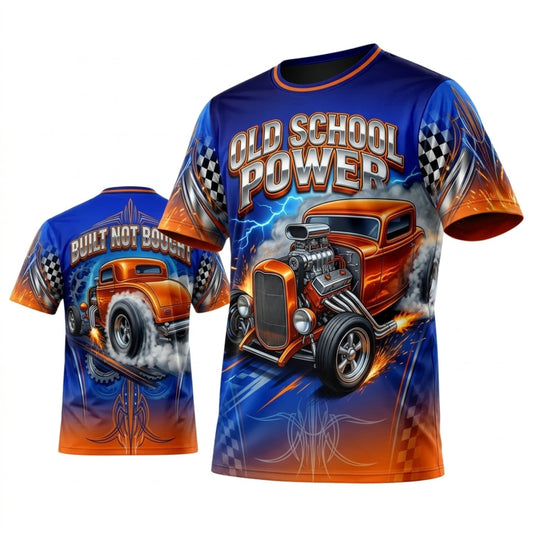 Maxcorners Personalized Car Classic Muscle Car 3D T-Shirt – Old School Power Blue Orange Classic Street Rod