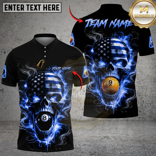 Maxcorners Billiards 8 Ball 9 Ball Flame American Flag Skull Customized Name, Team Name 3D Shirt (4 Colors)