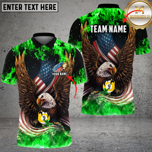 Maxcorners Ball 9 Eagle Fire Flame USA Flag Billiard Jersey Multicolor Options Personalized Name, Team Name 3D Polo Shirt (4 Colors)