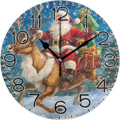 Maxcorners Christmas Santa Deer Wall Clock Battery Operated Non Ticking Silent Quartz Analog Rustic Farmhouse Round Clock Retro Decor for Home Kitchen Living Room Bathroom TU3012