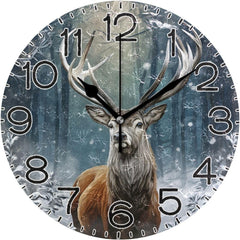 Maxcorners Winter Deer Wall Clock Battery Operated Non Ticking Silent Quartz Analog Rustic Farmhouse Round Clock Retro Decor for Home Kitchen Living Room Bathroom TU3012