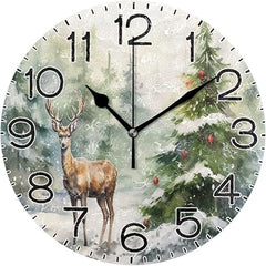 Maxcorners Christmas Tree Deer Wall Clock Battery Operated Non Ticking Silent Quartz Analog Rustic Farmhouse Round Clock Retro Decor for Home Kitchen Living Room Bathroom TU3012