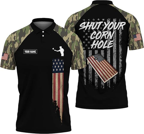 Maxcorners Shut Your Corn Hole American Flag With Camouflage Pattern Custom Name Cornhole 3D Shirt For Team