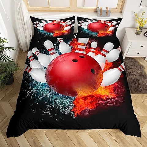 Maxcorners Bowling Ball And Pins Water And Fire Pattern Classic 3D Bedding Set