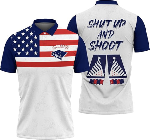 Maxcorners USA Flag Cornhole Custom Name Shut Up And Shoot Cornhole Pattern 3D Shirt For Team