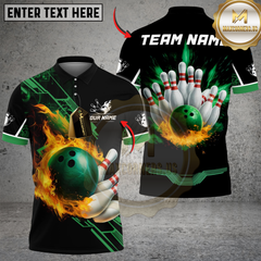 Maxcorners Bowling And Pins Flame Perfect Strike Customized Name, Team Name 3D Shirt (4 Colors)