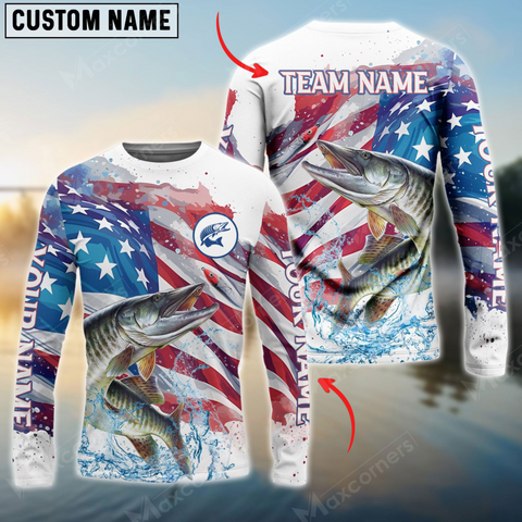 Maxcorners Musky Fishing Watercolor Usa Flag Personalized Name, Team Name 3D Long Sleeve Shirt