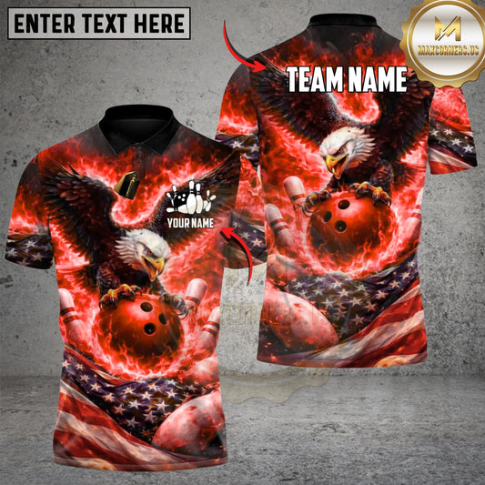 Maxcorners Bowling And Pins Fire Eagle US Flag  Multicolor Customized Name, Team Name 3D Shirt