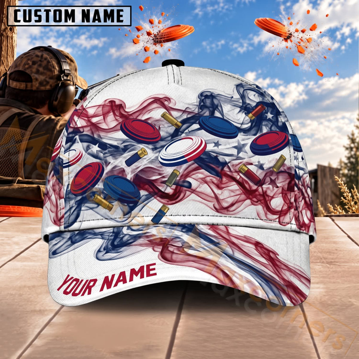Maxcorners Trap & Skeet Shooting Abstract Red Blue Pattern Personalized Name 3D Cap