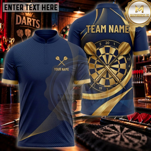 Maxcorners Darts Navy Blue Gold Minimalist Dartboard Personalized Name 3D Unisex Shirt