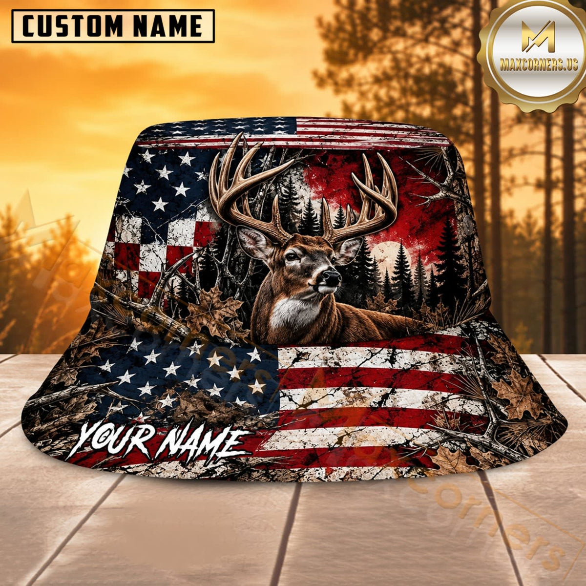 Maxcorners Deer Hunting Red Black Patriotic Skull Personalized Name 3D Bucket Hat