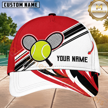 Maxcorners Tennis Red White Black Diagonal Stripe Crossed Rackets Personalized Name 3D Cap