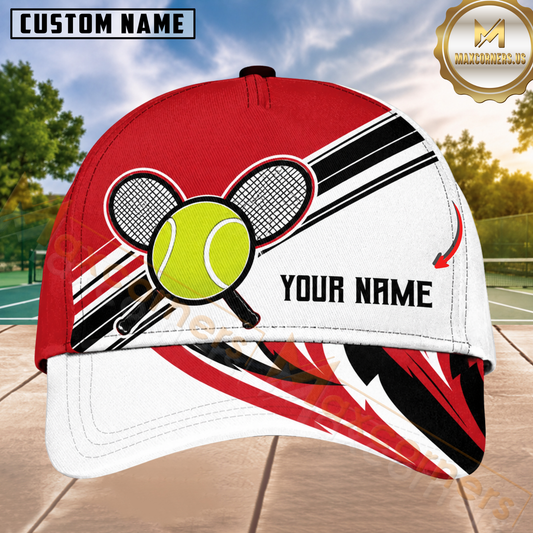Maxcorners Tennis Red White Black Diagonal Stripe Crossed Rackets Personalized Name 3D Cap