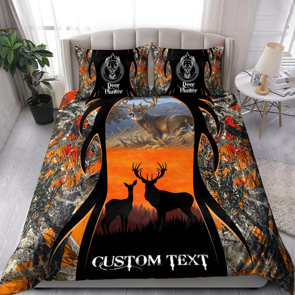 Maxcorners Custom Text Orange Camo Deer Hunting Bedding Set 3D All Over Printed