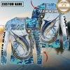 Maxcorners Fishing Blue Camo Water Splash Personalized Name, Team Name 3D Long Sleeve Shirt ( 12 Fish Species)