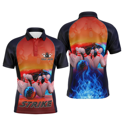 MaxCorners Strike Ball And Pins Blue Fire Customized Name 3D Bowling Polo Shirt For Men