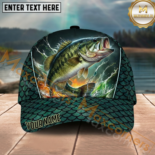 Maxcorners Fishing Green Scale Water Splash Personalized Name 3D Cap (12 Fish Species)