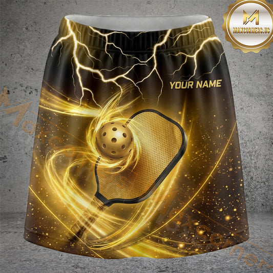 Maxcorners Pickleball Gold Lightning Vortex Ball Personalized 3D Skort, Skirts With Shorts