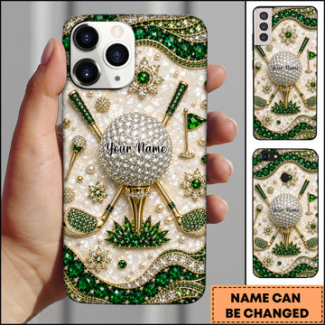 Maxcorners Golf Royal Jewelry Rhinestone Wavy Border Pattern Green Personalized Phone Case