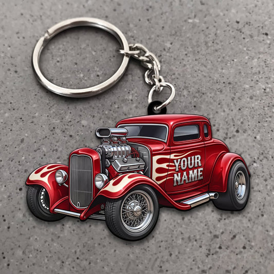 Maxcorners Hot Rod Red Classic Roadster with White Racing Stripes Personalized Name 3D Keychain And Ornament