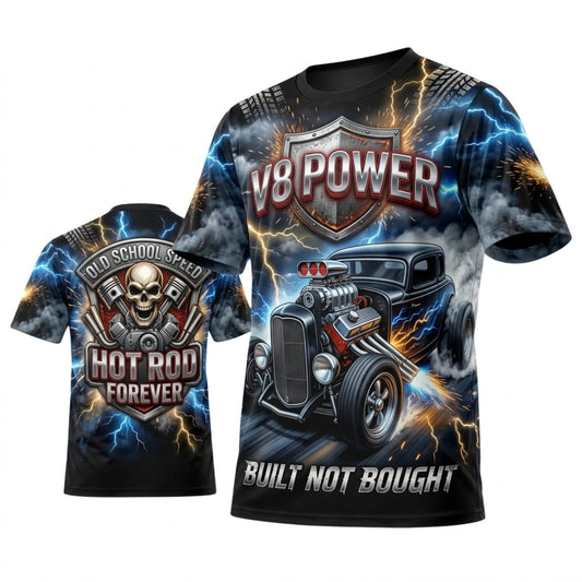 Maxcorners Personalized Car Classic Muscle Car 3D T-Shirt – V8 Powered Steel Blue Silver Vintage Racing