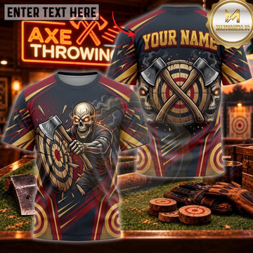 Maxcorners Axe Throwing Red Black Skeleton Warrior Personalized Name 3D Unisex Shirt