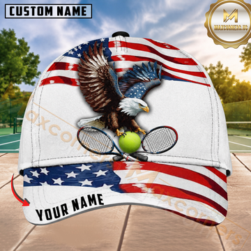 Maxcorners Tennis American Eagle Flag Rackets Personalized Name 3D Cap