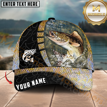 Maxcorners Walleye Fishing Gold Scale Splash Design Personalized Name 3D Cap