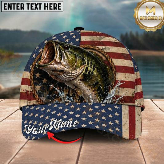 Maxcorners Fishing Vintage American Flag Stars Pattern Personalized 3D Cap (12 Fish Species)